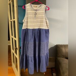 OOAK Upcycled Western Sleeveless Blue and Cream Tiered Cotton Lace Dress